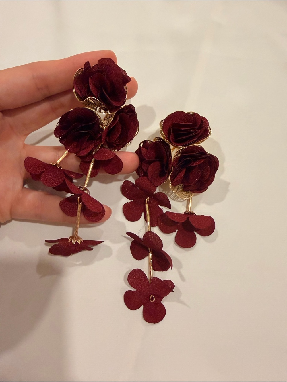 Burgundy Floral Drop Earrings with Gold Accents - Picture 3 of 5